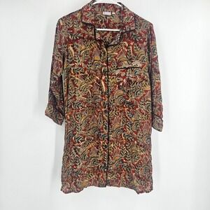 Sevya Handmade Kalamkari Nightshirt Maroon Brown Floral Button Down Tunic Sz S/M
